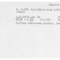 Index card with typed and handwritten information, sometimes including a sketch, of pottery from an excavation.