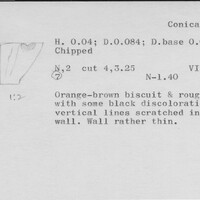 Index card with typed and handwritten information, sometimes including a sketch, of pottery from an excavation.