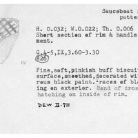 Index card with typed and handwritten information, sometimes including a sketch, of pottery from an excavation.