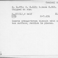 Index card with typed and handwritten information, sometimes including a sketch, of pottery from an excavation.