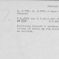 Index card with typed and handwritten information, sometimes including a sketch, of pottery from an excavation.