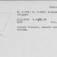 Index card with typed and handwritten information, sometimes including a sketch, of pottery from an excavation.