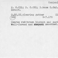 Index card with typed and handwritten information, sometimes including a sketch, of pottery from an excavation.