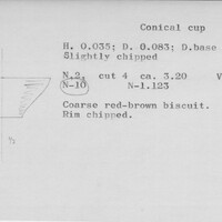 Index card with typed and handwritten information, sometimes including a sketch, of pottery from an excavation.
