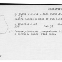Index card with typed and handwritten information, sometimes including a sketch, of pottery from an excavation.