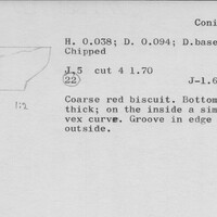 Index card with typed and handwritten information, sometimes including a sketch, of pottery from an excavation.