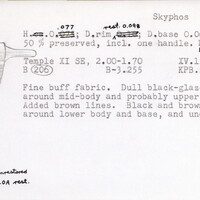 Index card with typed and handwritten information, sometimes including a sketch, of pottery from an excavation.