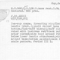 Index card with typed and handwritten information, sometimes including a sketch, of pottery from an excavation.