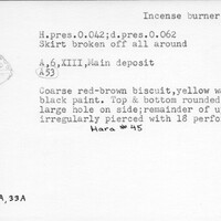 Index card with typed and handwritten information, sometimes including a sketch, of pottery from an excavation.