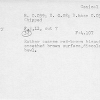 Index card with typed and handwritten information, sometimes including a sketch, of pottery from an excavation.