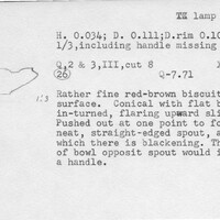 Index card with typed and handwritten information, sometimes including a sketch, of pottery from an excavation.