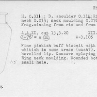 Index card with typed and handwritten information, sometimes including a sketch, of pottery from an excavation.
