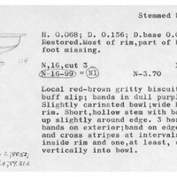 Index card with typed and handwritten information, sometimes including a sketch, of pottery from an excavation.