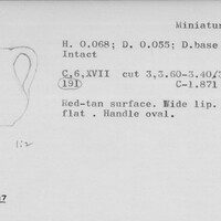 Index card with typed and handwritten information, sometimes including a sketch, of pottery from an excavation.