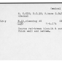 Index card with typed and handwritten information, sometimes including a sketch, of pottery from an excavation.