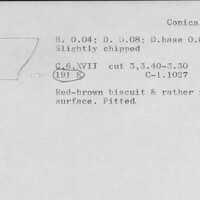 Index card with typed and handwritten information, sometimes including a sketch, of pottery from an excavation.