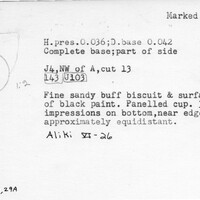 Index card with typed and handwritten information, sometimes including a sketch, of pottery from an excavation.