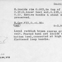Index card with typed and handwritten information, sometimes including a sketch, of pottery from an excavation.