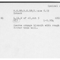Index card with typed and handwritten information, sometimes including a sketch, of pottery from an excavation.