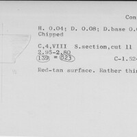 Index card with typed and handwritten information, sometimes including a sketch, of pottery from an excavation.