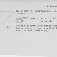 Index card with typed and handwritten information, sometimes including a sketch, of pottery from an excavation.