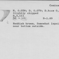 Index card with typed and handwritten information, sometimes including a sketch, of pottery from an excavation.
