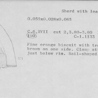 Index card with typed and handwritten information, sometimes including a sketch, of pottery from an excavation.
