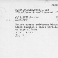 Index card with typed and handwritten information, sometimes including a sketch, of pottery from an excavation.