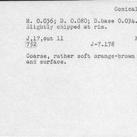 Index card with typed and handwritten information, sometimes including a sketch, of pottery from an excavation.