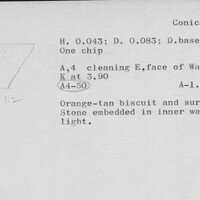 Index card with typed and handwritten information, sometimes including a sketch, of pottery from an excavation.