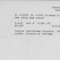 Index card with typed and handwritten information, sometimes including a sketch, of pottery from an excavation.