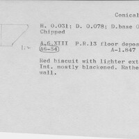 Index card with typed and handwritten information, sometimes including a sketch, of pottery from an excavation.