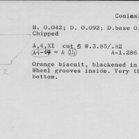 Index card with typed and handwritten information, sometimes including a sketch, of pottery from an excavation.