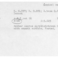 Index card with typed and handwritten information, sometimes including a sketch, of pottery from an excavation.