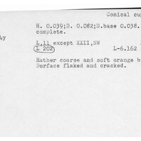 Index card with typed and handwritten information, sometimes including a sketch, of pottery from an excavation.