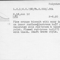 Index card with typed and handwritten information, sometimes including a sketch, of pottery from an excavation.