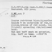 Index card with typed and handwritten information, sometimes including a sketch, of pottery from an excavation.