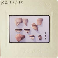 A collection of ancient pottery shards on display.