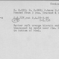 Index card with typed and handwritten information, sometimes including a sketch, of pottery from an excavation.