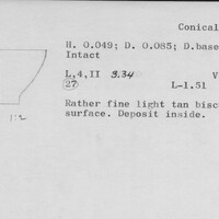 Index card with typed and handwritten information, sometimes including a sketch, of pottery from an excavation.