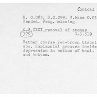 Index card with typed and handwritten information, sometimes including a sketch, of pottery from an excavation.