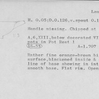 Index card with typed and handwritten information, sometimes including a sketch, of pottery from an excavation.