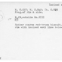 Index card with typed and handwritten information, sometimes including a sketch, of pottery from an excavation.