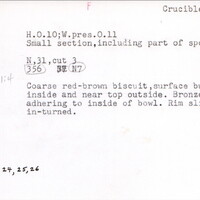 Index card with typed and handwritten information, sometimes including a sketch, of pottery from an excavation.