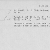 Index card with typed and handwritten information, sometimes including a sketch, of pottery from an excavation.