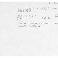 Index card with typed and handwritten information, sometimes including a sketch, of pottery from an excavation.