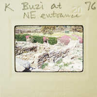 A vintage photograph of a stone structure with greenery and flowers, labeled "K Buzi at NE entrance 20 76".