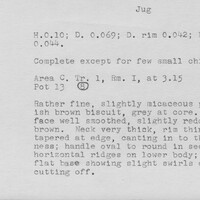 Index card with typed and handwritten information, sometimes including a sketch, of pottery from an excavation.