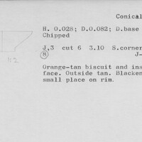 Index card with typed and handwritten information, sometimes including a sketch, of pottery from an excavation.