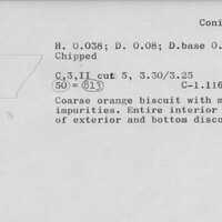 Index card with typed and handwritten information, sometimes including a sketch, of pottery from an excavation.